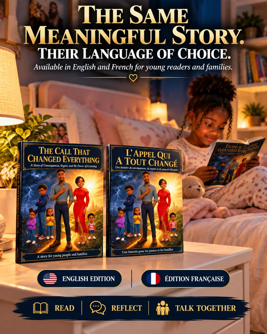 A family reading beside the English and French editions